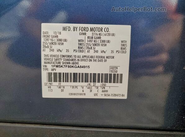 1FM5K7F80KGA84915 2019 FORD FORD EXPLORER Blue Vista interior de 360 grados