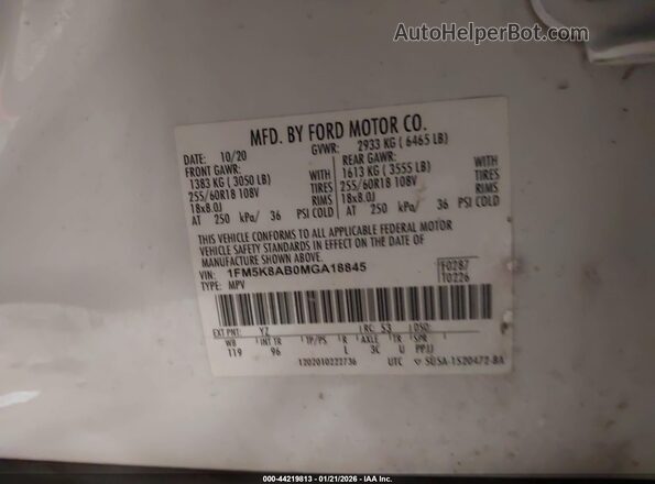 1FM5K8AB0MGA18845 2021 FORD POLICE INTERCEPTOR White Вид підкапотного простору