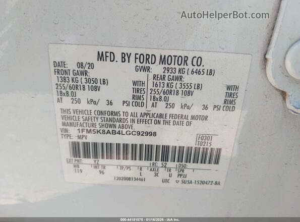 1FM5K8AB4LGC92998 2020 FORD POLICE INTERCEPTOR White 