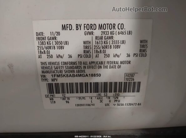 1FM5K8AB4MGA18850 2021 FORD POLICE INTERCEPTOR White Շարժիչի բաժամունքի տեսք