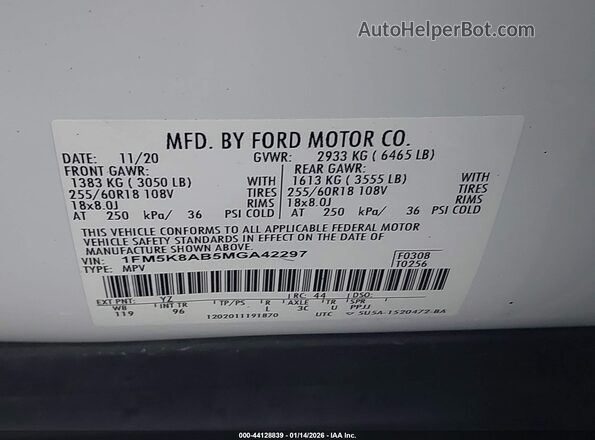 1FM5K8AB5MGA42297 2021 FORD POLICE INTERCEPTOR White Widok komory silnika