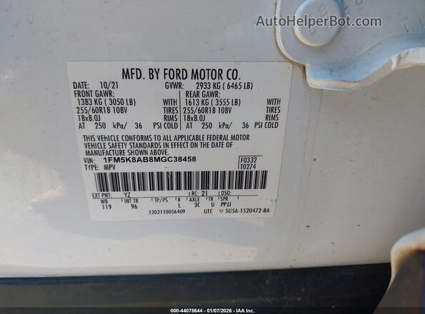 1FM5K8AB8MGC38458 2021 FORD POLICE INTERCEPTOR Белый 