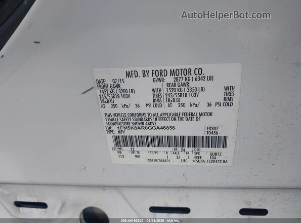 1FM5K8AR0GGA46856 2016 FORD UTILITY POLICE INTERCEPTOR White Engine compartment view