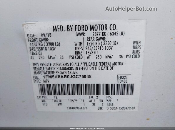 1FM5K8AR0JGC75948 2018 FORD POLICE INTERCEPTOR White Vista del compartimento del motor