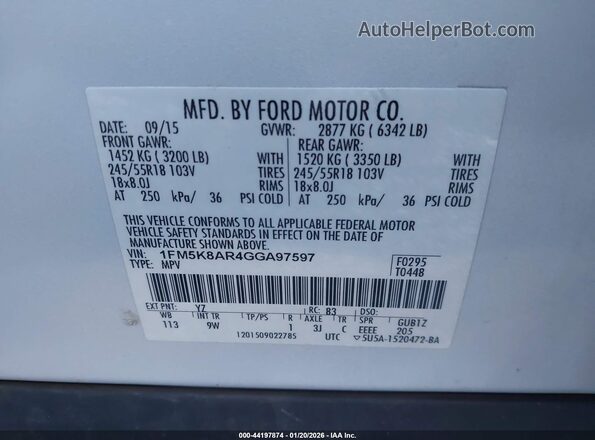 1FM5K8AR4GGA97597 2016 FORD UTILITY POLICE INTERCEPTOR White Вид підкапотного простору