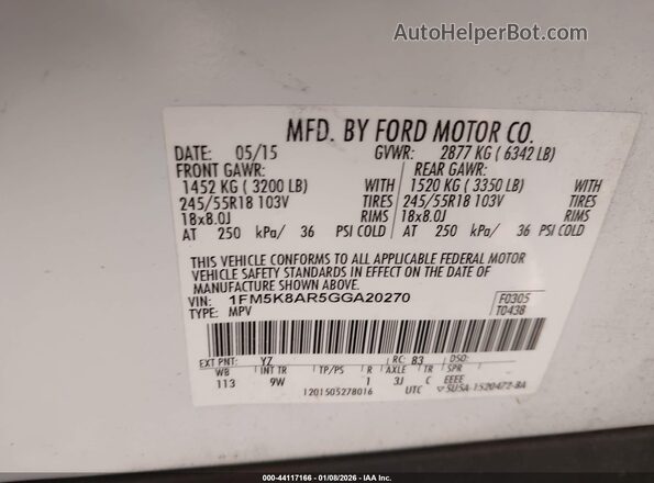 1FM5K8AR5GGA20270 2016 FORD UTILITY POLICE INTERCEPTOR White 