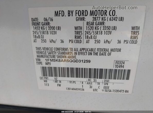 1FM5K8AR5GGD31259 2016 FORD UTILITY POLICE INTERCEPTOR Белый Вид подкапотного пространства