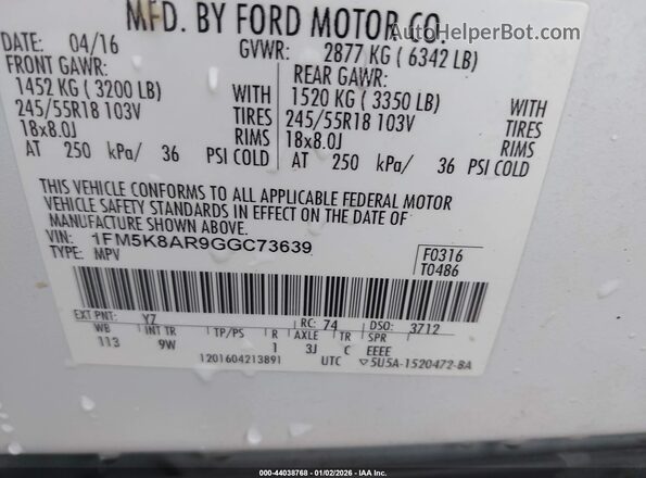 1FM5K8AR9GGC73639 2016 FORD UTILITY POLICE INTERCEPTOR White Vista del compartimento del motor