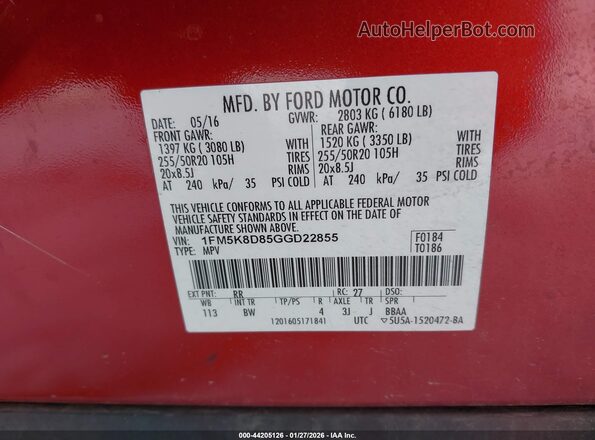 1FM5K8D85GGD22855 2016 FORD FORD EXPLORER Red ძრავის განყოფილების ხედი