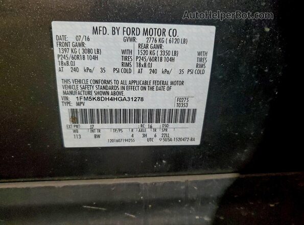 1FM5K8DH4HGA31278 2017 FORD FORD EXPLORER Charcoal Widok naklejki z numerem VIN