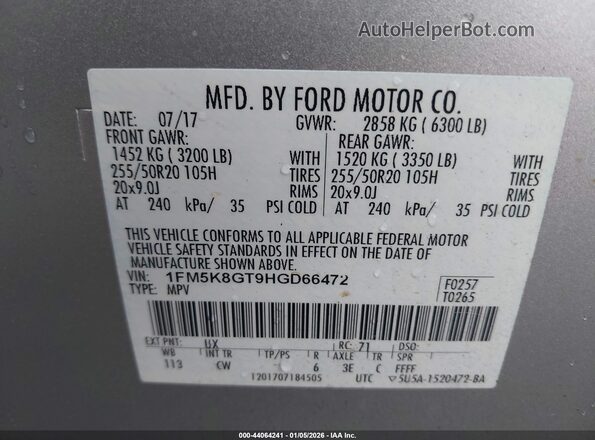 1FM5K8GT9HGD66472 2017 FORD FORD EXPLORER Silver 