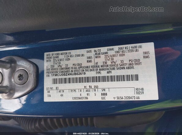 1FMCU0BZ4NUB02619 2022 FORD ESCAPE Blue Engine compartment view