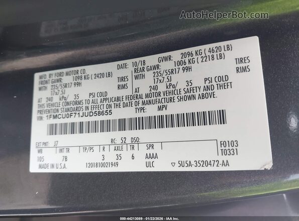 1FMCU0F71JUD58655 2018 FORD ESCAPE Gray Շարժիչի բաժամունքի տեսք