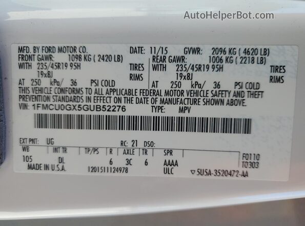 1FMCU0GX5GUB52276 2016 FORD ESCAPE White Widok naklejki z numerem VIN