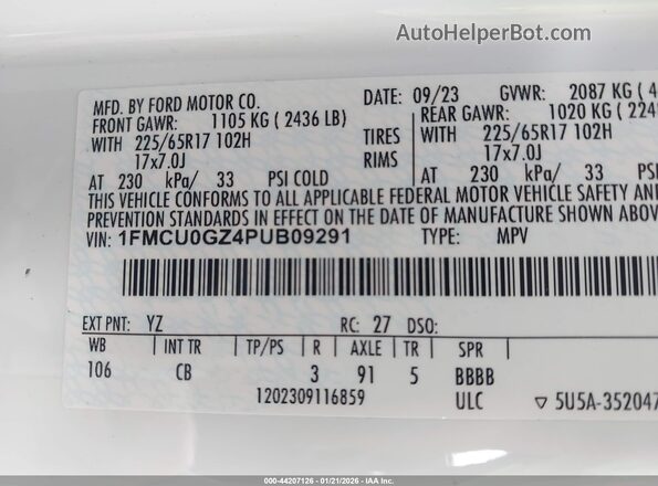 1FMCU0GZ4PUB09291 2023 FORD ESCAPE White 
