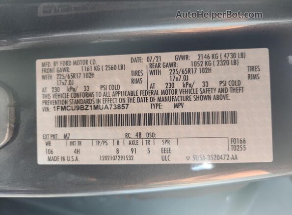 1FMCU9BZ1MUA73857 2021 FORD ESCAPE Gray VIN კოდის სტიკერის ხედი