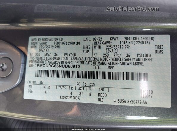 1FMCU9G66NUB66910 2022 FORD ESCAPE Gray Շարժիչի բաժամունքի տեսք