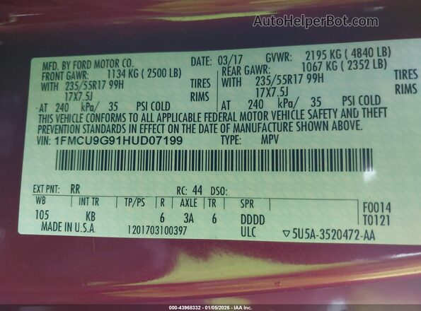 1FMCU9G91HUD07199 2017 FORD ESCAPE Red 