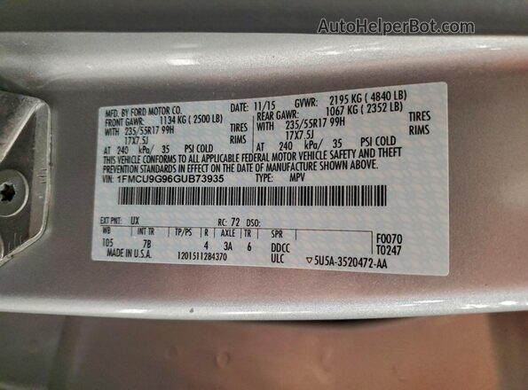 1FMCU9G96GUB73935 2016 FORD ESCAPE Silver Widok naklejki z numerem VIN