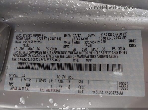 1FMCU9GD1HUE75302 2017 FORD ESCAPE Серебряный Вид подкапотного пространства