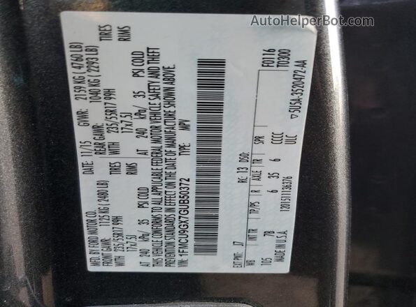 1FMCU9GX7GUB50372 2016 FORD ESCAPE Gray VIN კოდის სტიკერის ხედი