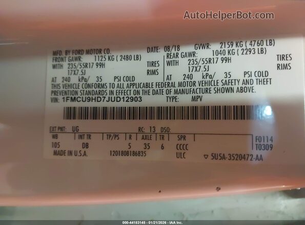 1FMCU9HD7JUD12903 2018 FORD ESCAPE White Շարժիչի բաժամունքի տեսք