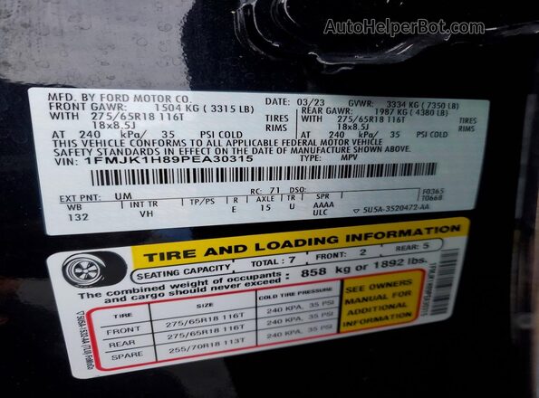 1FMJK1H89PEA30315 2023 FORD EXPEDITION Black VIN sticker view