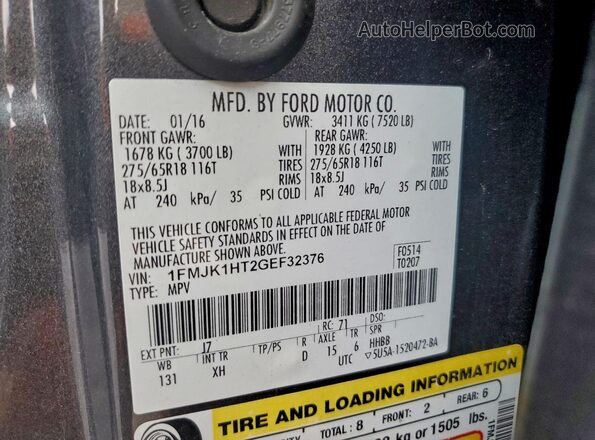 1FMJK1HT2GEF32376 2016 FORD EXPEDITION Gray Engine compartment view