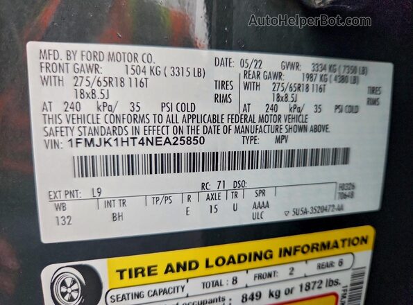 1FMJK1HT4NEA25850 2022 FORD EXPEDITION Charcoal Widok naklejki z numerem VIN
