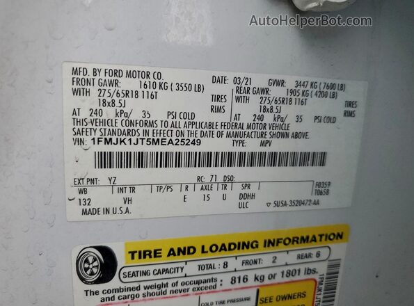 1FMJK1JT5MEA25249 2021 FORD EXPEDITION White Vista de la etiqueta del VIN