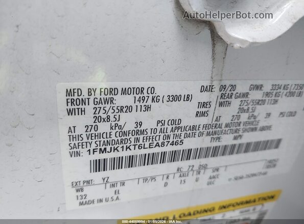 1FMJK1KT6LEA87465 2020 FORD EXPEDITION White Vista del compartimento del motor