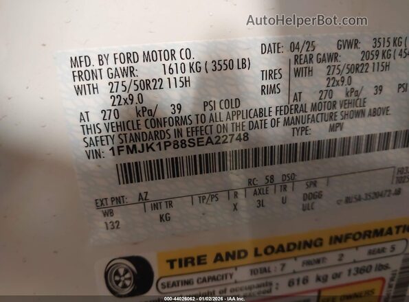 1FMJK1P88SEA22748 2025 FORD EXPEDITION White Շարժիչի բաժամունքի տեսք