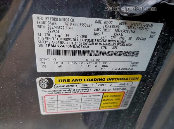 1FMJK2AT0NEA07460 2022 FORD EXPEDITION Серый Вид наклейки с VIN-кодом