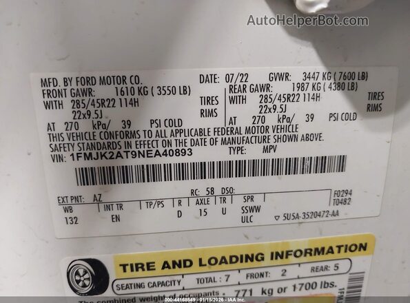 1FMJK2AT9NEA40893 2022 FORD EXPEDITION White Widok komory silnika