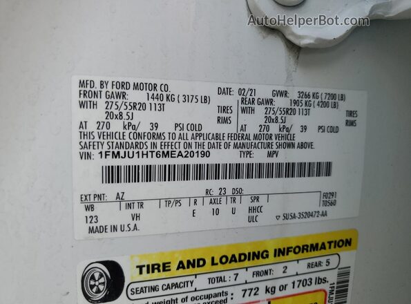 1FMJU1HT6MEA20190 2021 FORD EXPEDITION White 