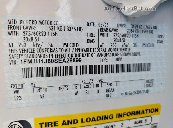 1FMJU1J80SEA28899 2025 FORD EXPEDITION Белый Панорамный вид салона 360°