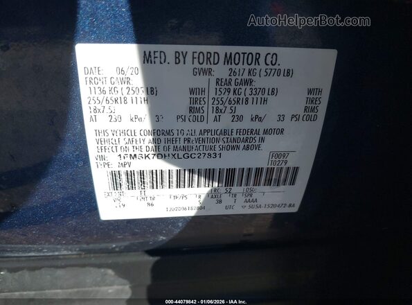 1FMSK7DHXLGC27831 2020 FORD FORD EXPLORER Синий Вид подкапотного пространства