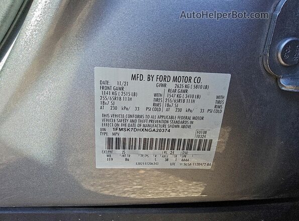 1FMSK7DHXNGA20374 2022 FORD FORD EXPLORER Silver Vista de la etiqueta del VIN