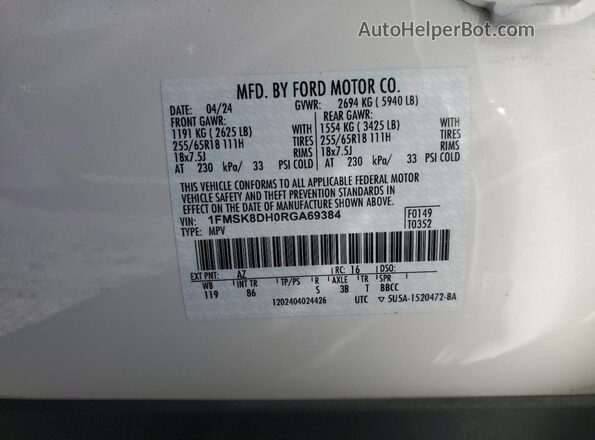 1FMSK8DH0RGA69384 2024 FORD FORD EXPLORER White VIN კოდის სტიკერის ხედი