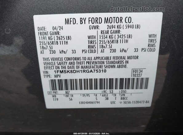 1FMSK8DH1RGA75310 2024 FORD FORD EXPLORER Gray Engine compartment view