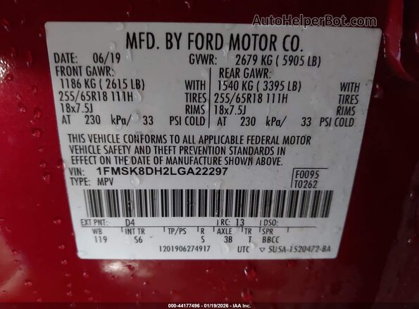 1FMSK8DH2LGA22297 2020 FORD FORD EXPLORER Красный Вид подкапотного пространства