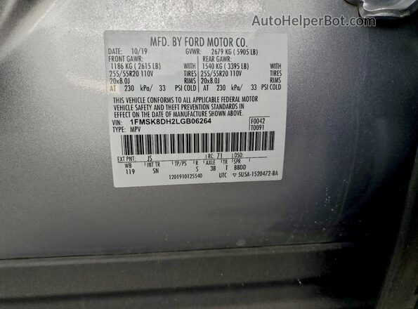 1FMSK8DH2LGB06264 2020 FORD FORD EXPLORER Silver Widok wnętrza 360 stopni
