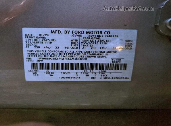 1FMSK8DH2RGA03693 2024 FORD FORD EXPLORER Silver VIN կոդի պիտակի տեսք