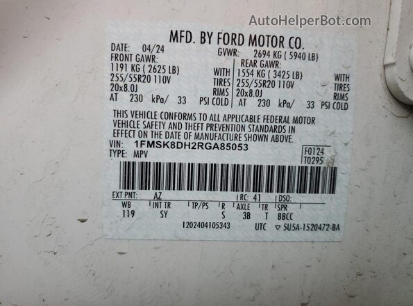 1FMSK8DH2RGA85053 2024 FORD FORD EXPLORER White VIN sticker view