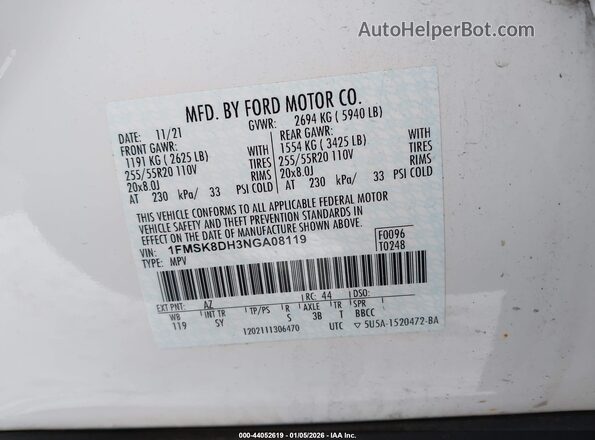 1FMSK8DH3NGA08119 2022 FORD FORD EXPLORER White Вид підкапотного простору