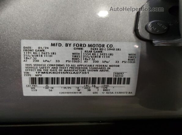 1FMSK8DH5RGA07351 2024 FORD FORD EXPLORER Silver VIN sticker view