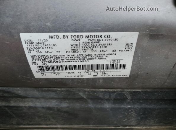 1FMSK8DH6MGA29531 2021 FORD FORD EXPLORER Silver VIN կոդի պիտակի տեսք