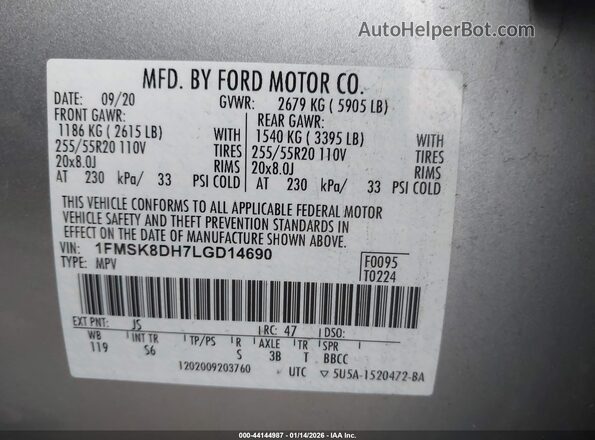 1FMSK8DH7LGD14690 2020 FORD FORD EXPLORER Silver ძრავის განყოფილების ხედი