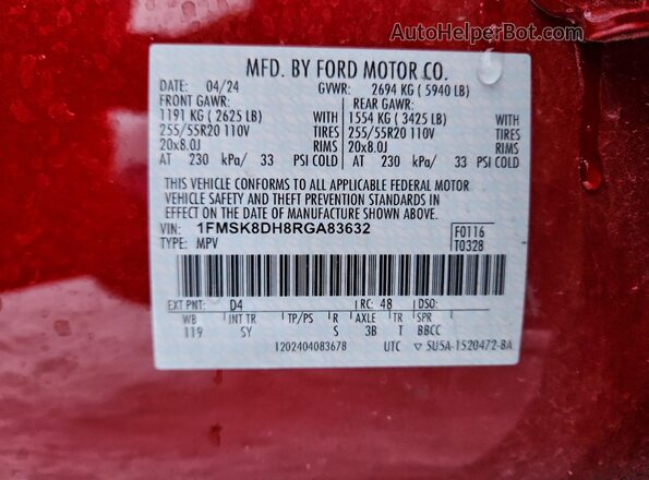 1FMSK8DH8RGA83632 2024 FORD FORD EXPLORER Red Вид наклейки з VIN-кодом