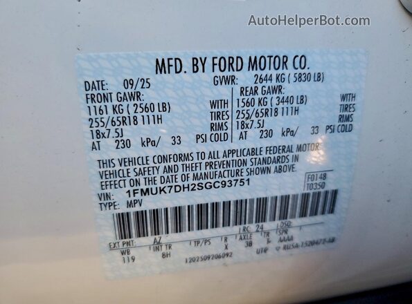 1FMUK7DH2SGC93751 2025 FORD FORD EXPLORER White 